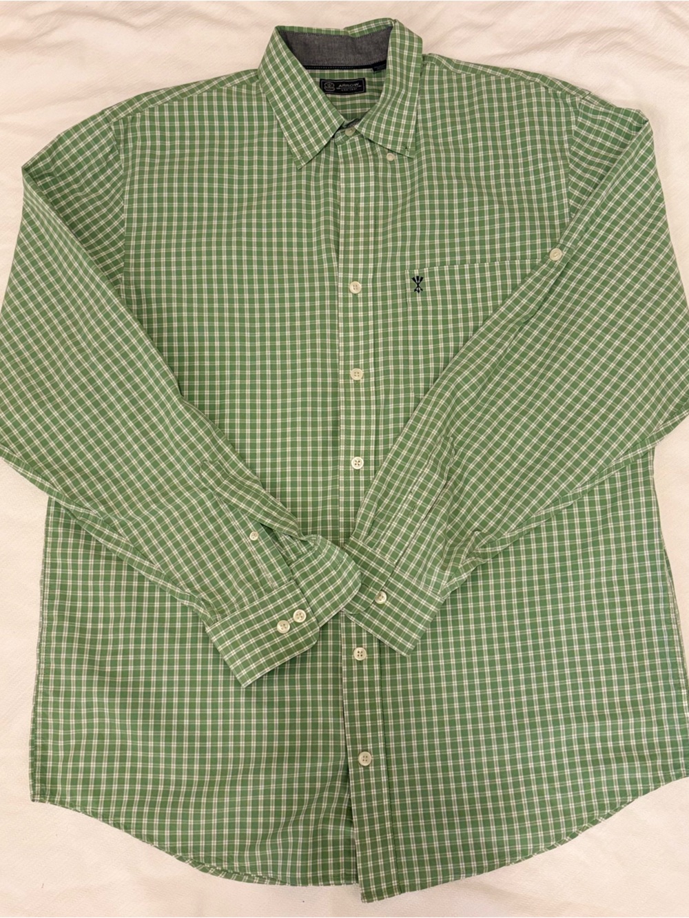 Arrow Light Green and White Plaid Button-Down Shirt